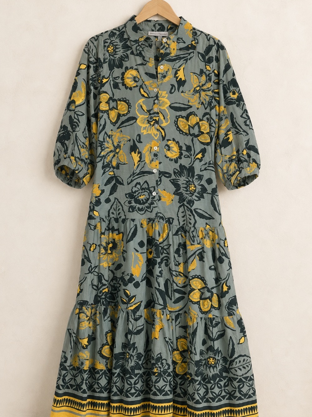 Midi Tiered Floral Shirt Dress in Sage Green and Mustard